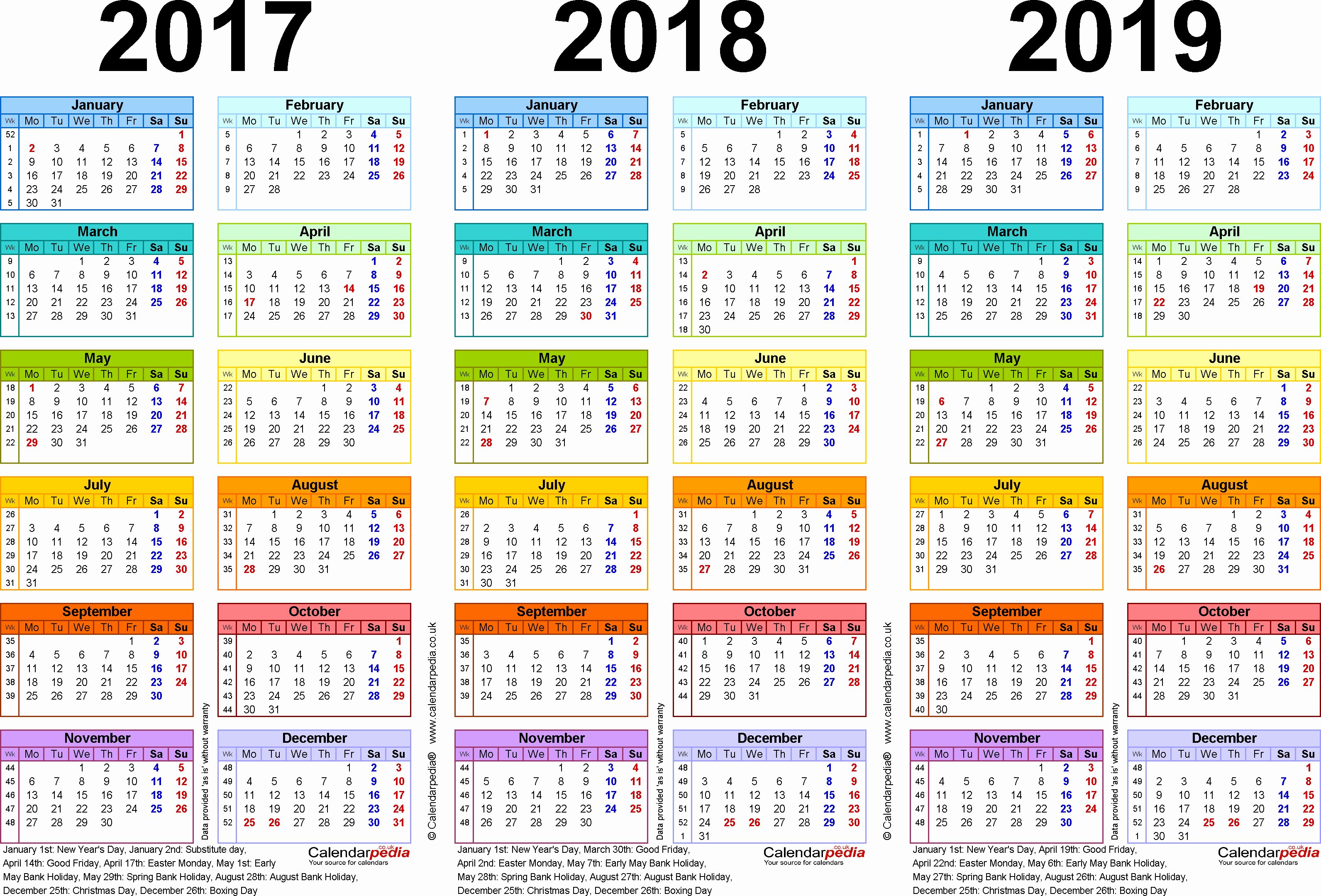 2019 Biweekly Payroll Calendar Excel Luxury Three Year Calendars for 2017 2018 &amp; 2019 Uk for Pdf