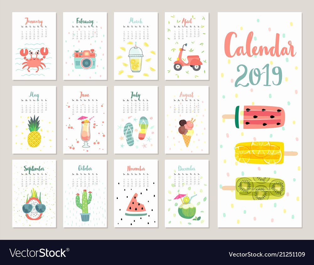 2019 Cute Calendar Printable Awesome Calendar 2019 Cute Monthly Calendar with Vector Image