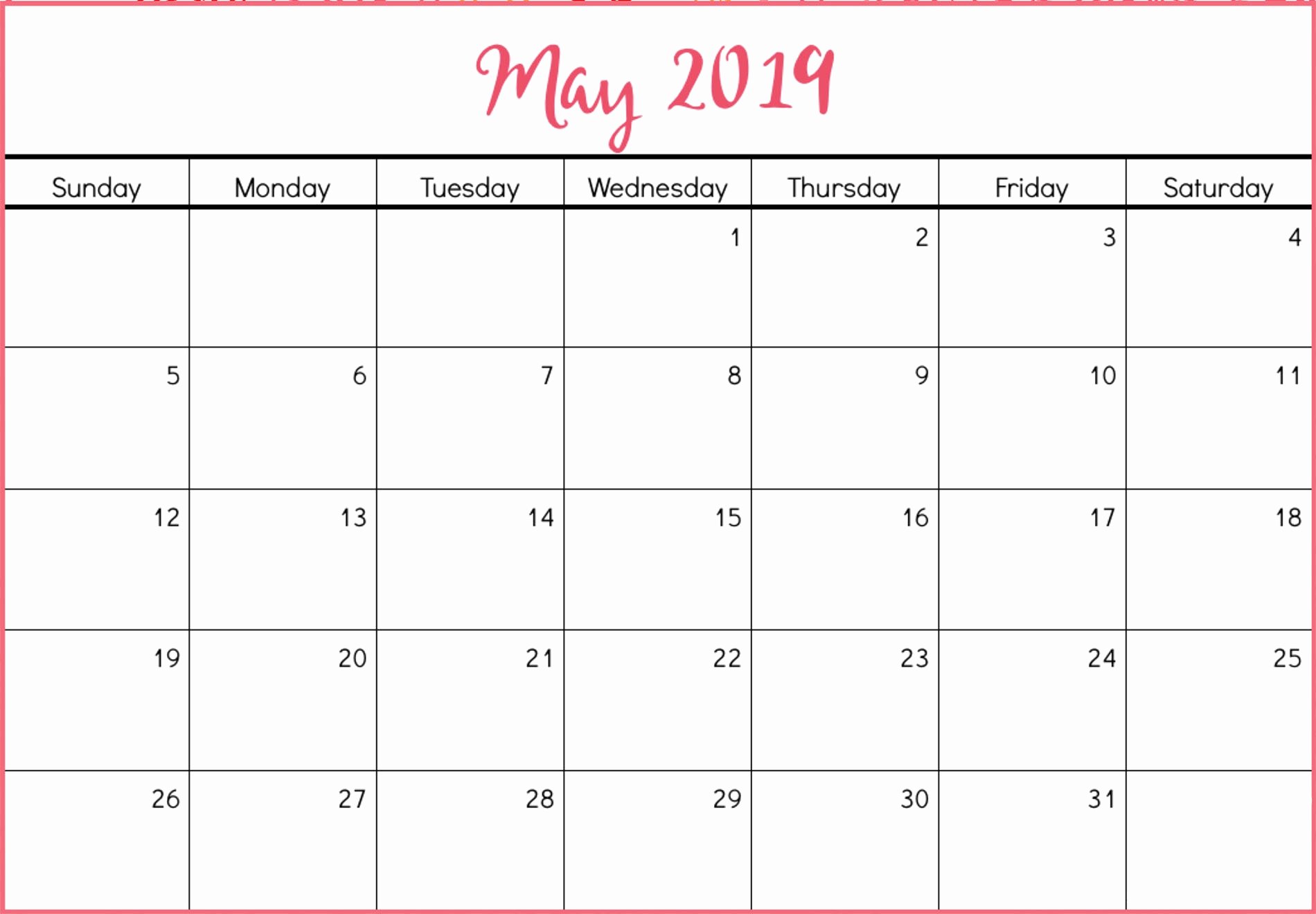 2019 Cute Calendar Printable Fresh Free May 2019 Calendar Template Word – Free Printable