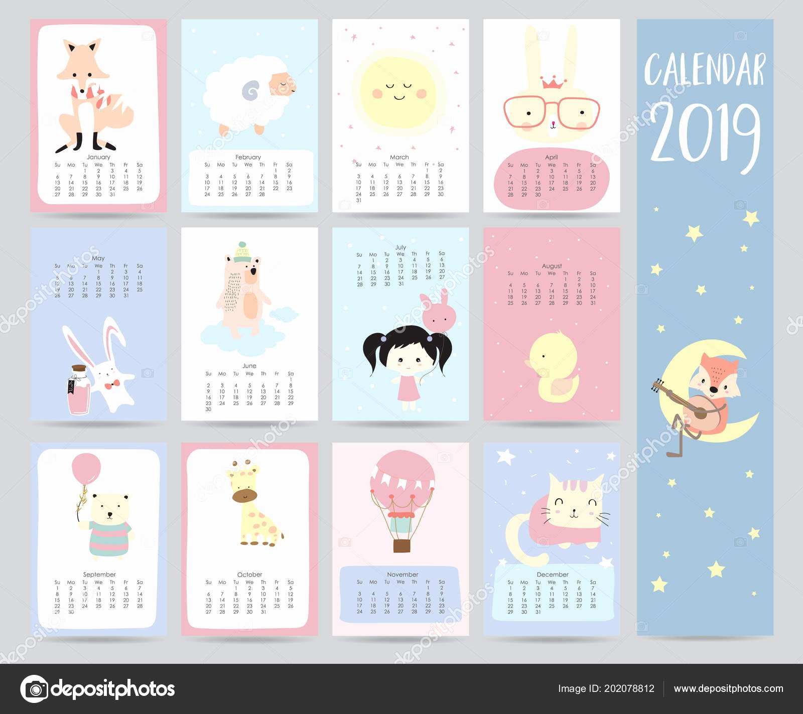 2019 Cute Calendar Printable Lovely Cute Monthly Calendar 2019 Fox Sheep Moon Rabbit Girl Bear