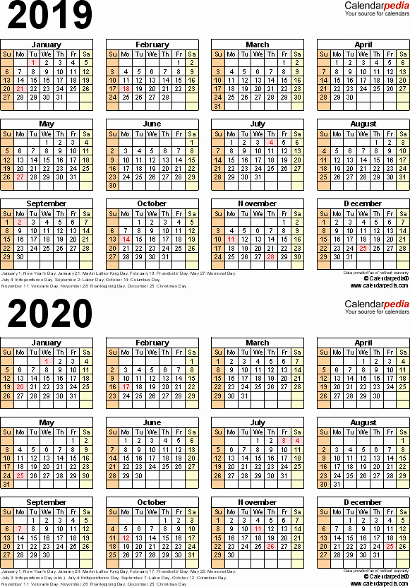 2019 Payroll Calendar Template New 2019 2020 Calendar Free Printable Two Year Word Calendars