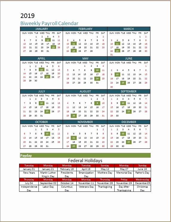 2019 Payroll Calendar Template Unique 2018 Biweekly Payroll Calendar Template