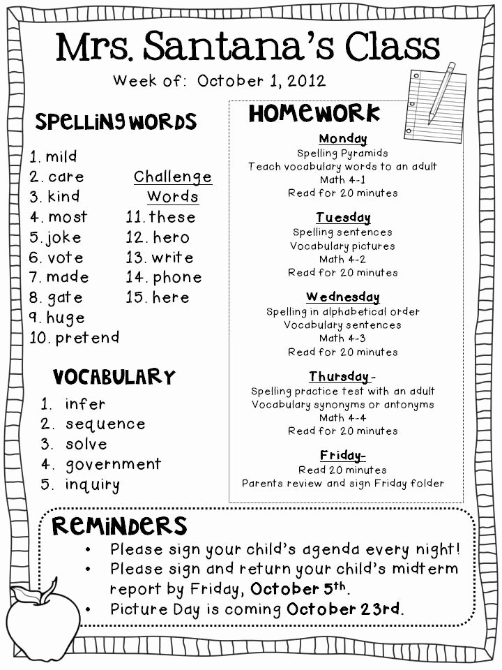 3rd Grade Newsletter Template Best Of Weekly Homework Freebie the Learning Tree