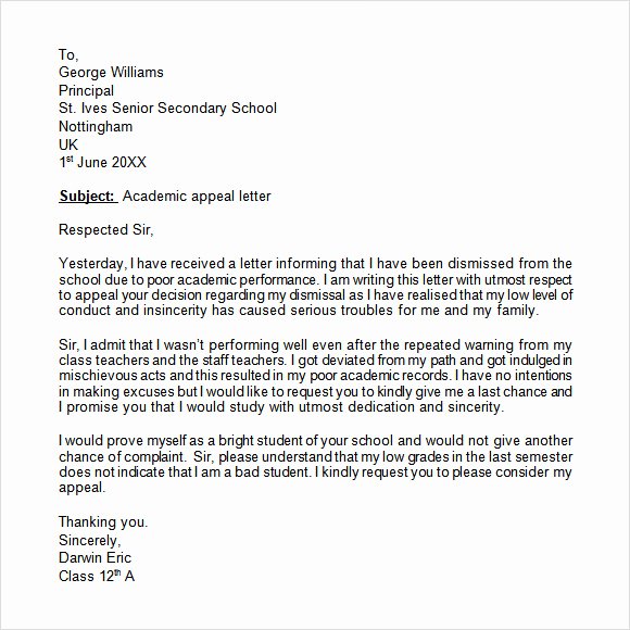 Academic Appeal Letter Sample Inspirational Appeal Letter 12 Free Samples Examples format