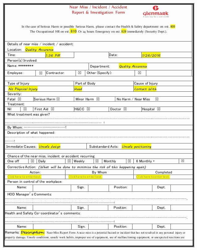 Accident Report form Fresh Near Miss Incident Accident Report &amp; Investigation form