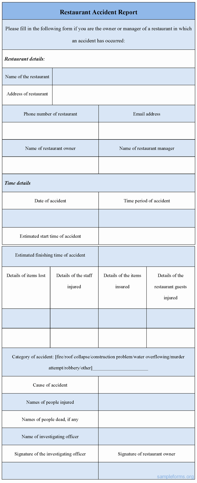 Accident Report form Fresh Restaurant Accident Report form Sample forms