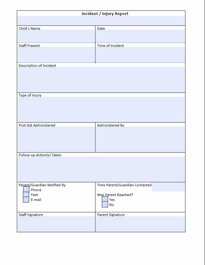Accident Report form Pdf Lovely Incident and Injury Report form for Child Care Editable