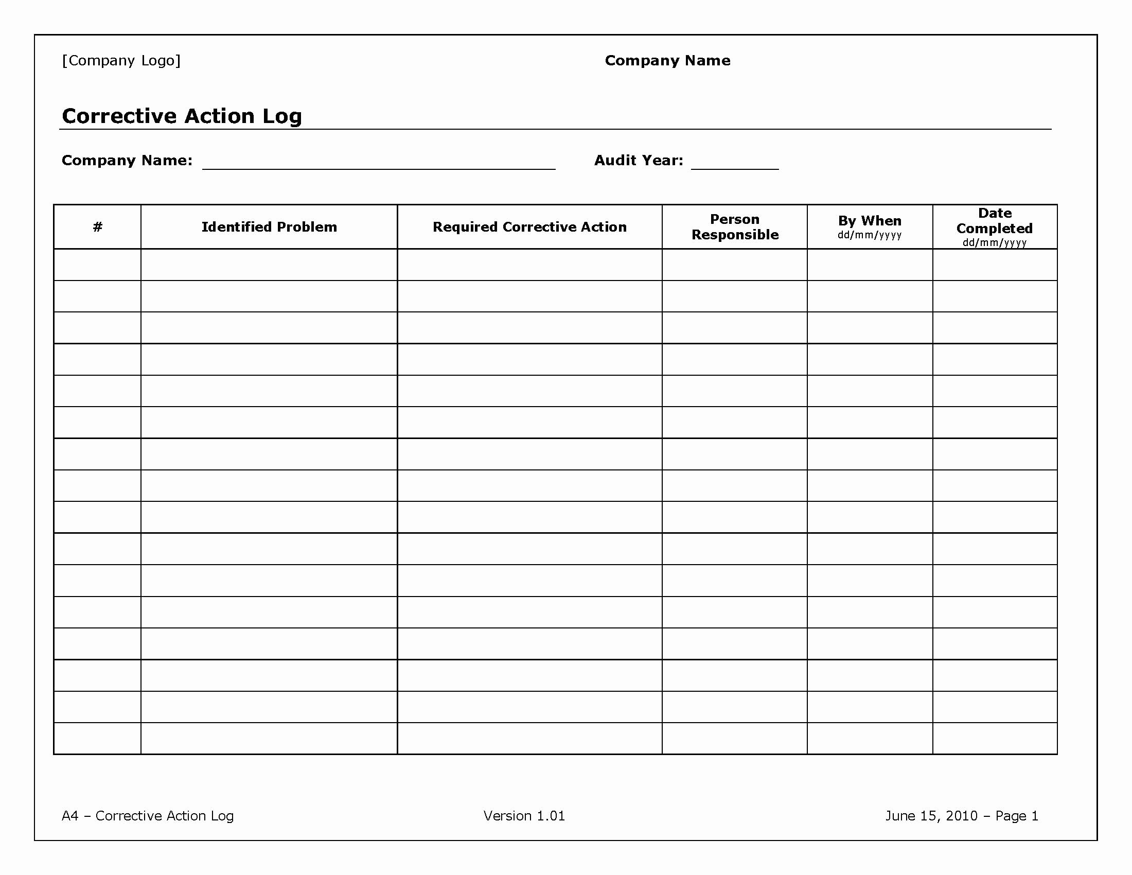 Action Log Template Beautiful Corrective Action Log Template Pdf format