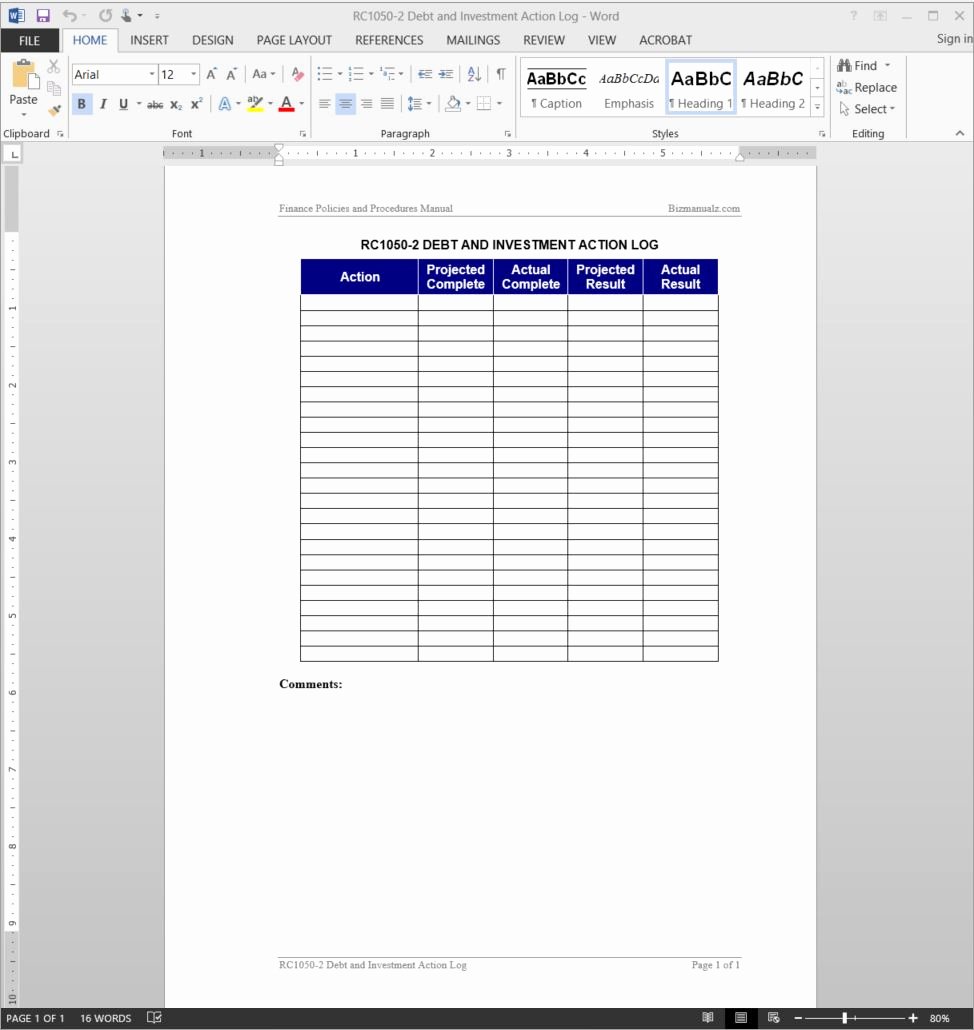 Action Log Template New Debt Investment Action Log Template