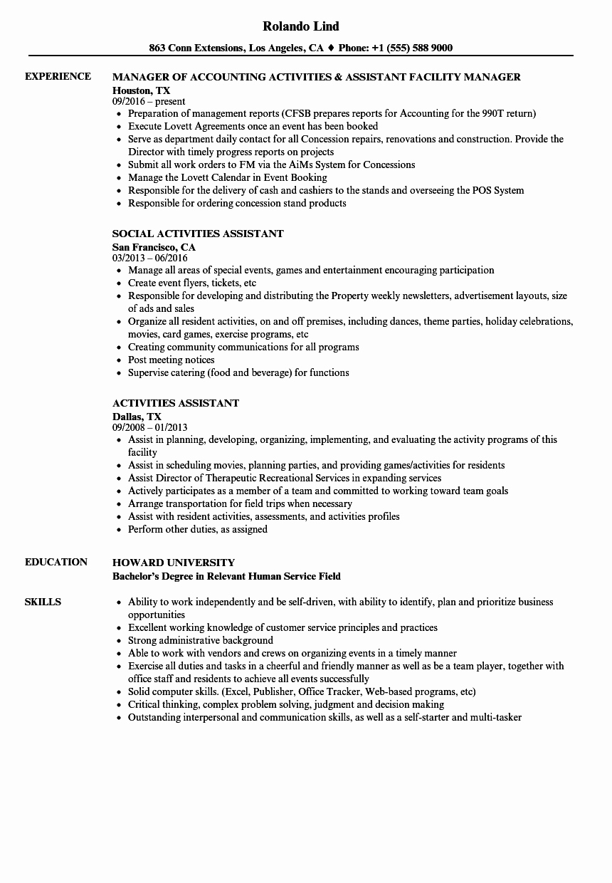 Activities Resume Template Best Of Activities assistant Resume Samples