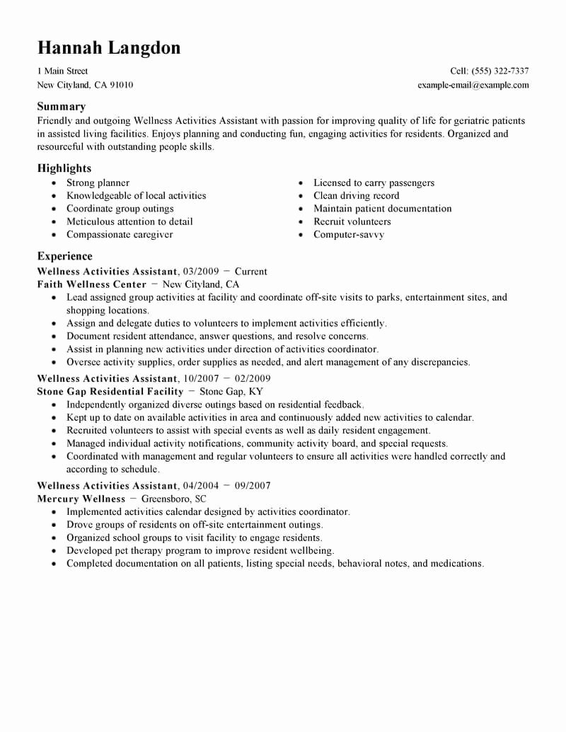Activities Resume Template Elegant Best Wellness Activities assistant Resume Example