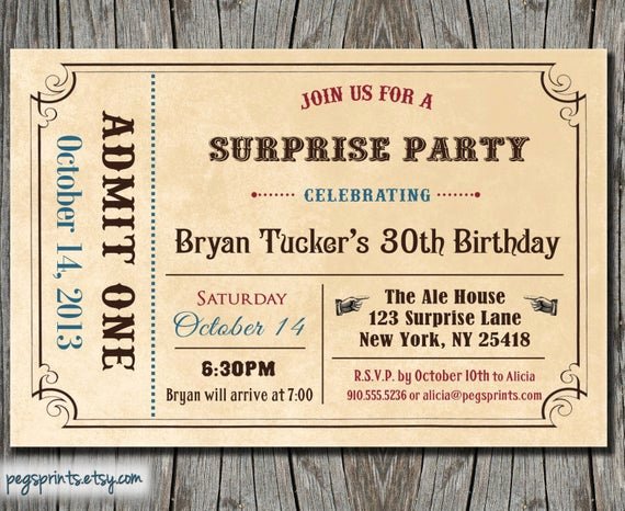 Admit One Ticket Printable Unique Adult Surprise Birthday Invite Admit E Ticket by Pegsprints