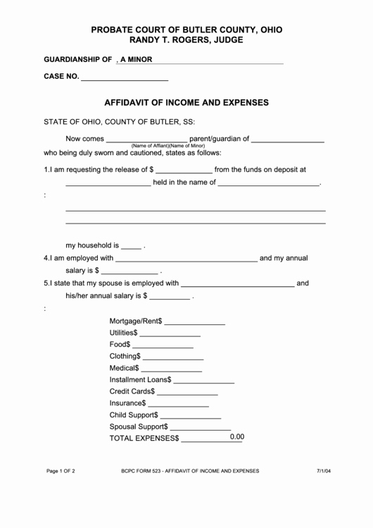 Affidavit Of Income Fresh Fillable Bcpc form 523 Affidavit In E and Expenses