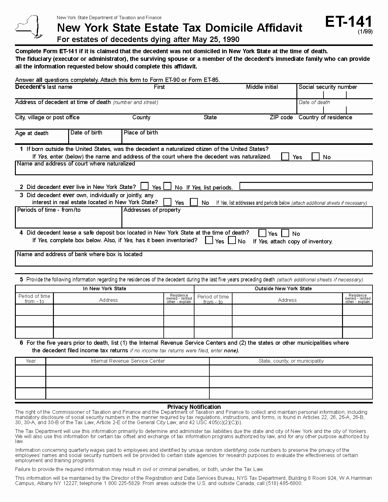 Affidavit Of No Income Beautiful form Et 141 New York State Estate Tax Domicile Affidavit