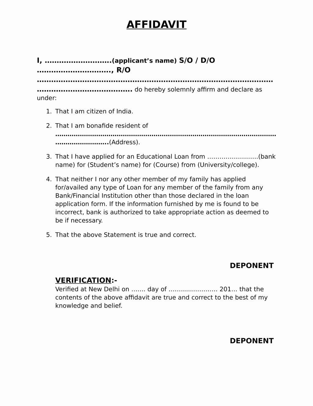 Affidavit Of No Income New Education Loan Affidavit