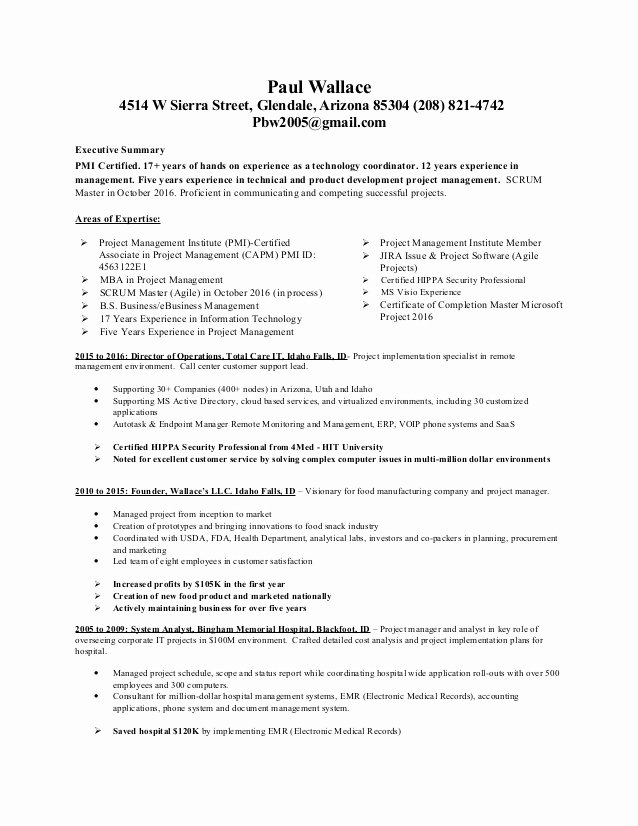 Agile Project Manager Resume Elegant Paul Wallace Pmi Certified Agile Resume