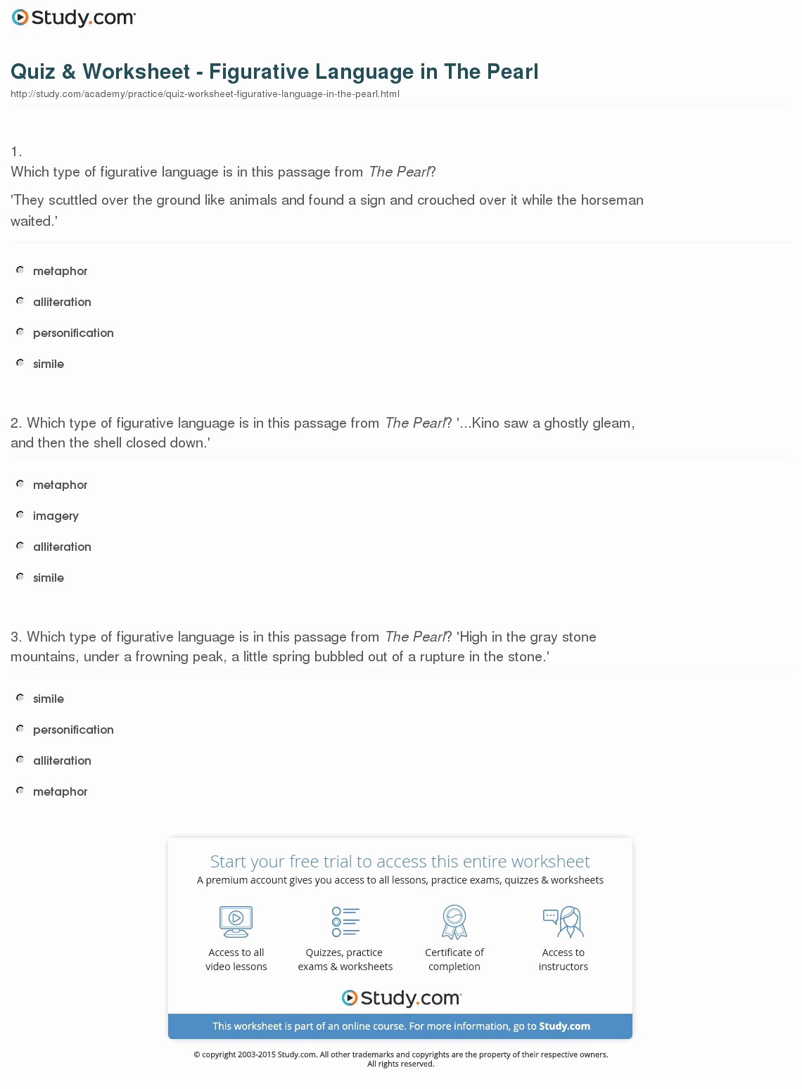 Animal Imagery In the Pearl Awesome Quiz &amp; Worksheet Figurative Language In the Pearl