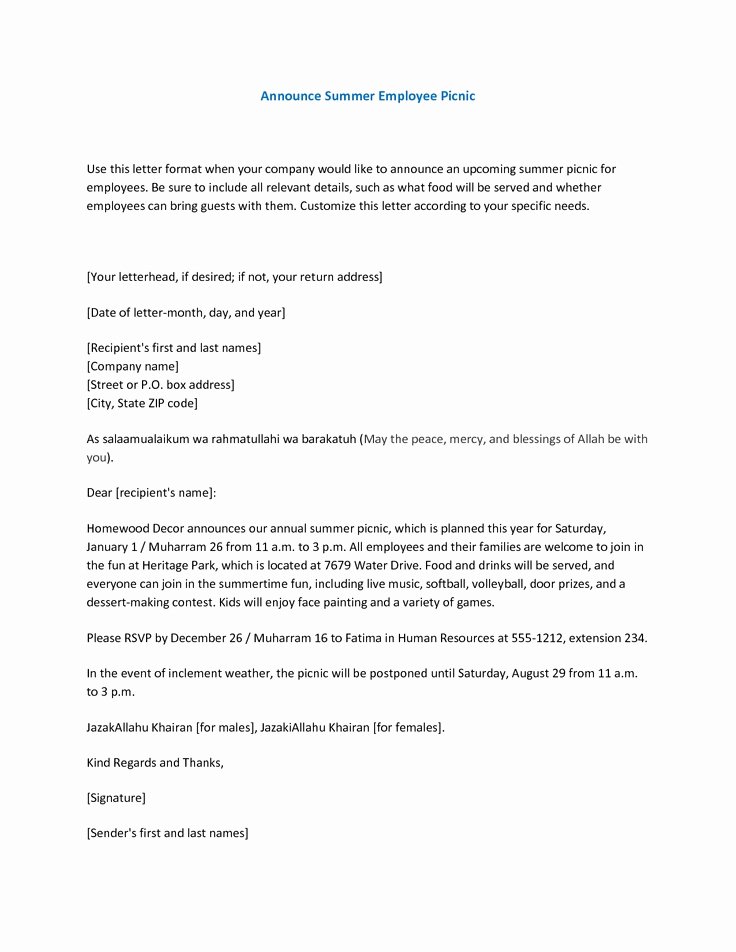 Announcement Of Employee Leaving Company Template Beautiful Announce Summer Employee Picnic Use This Letter format