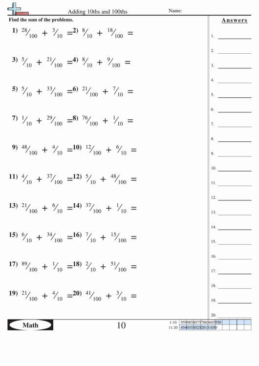 Answer Sheet Template 1-100 Inspirational Adding 10ths and 100ths Worksheet with Answer Key