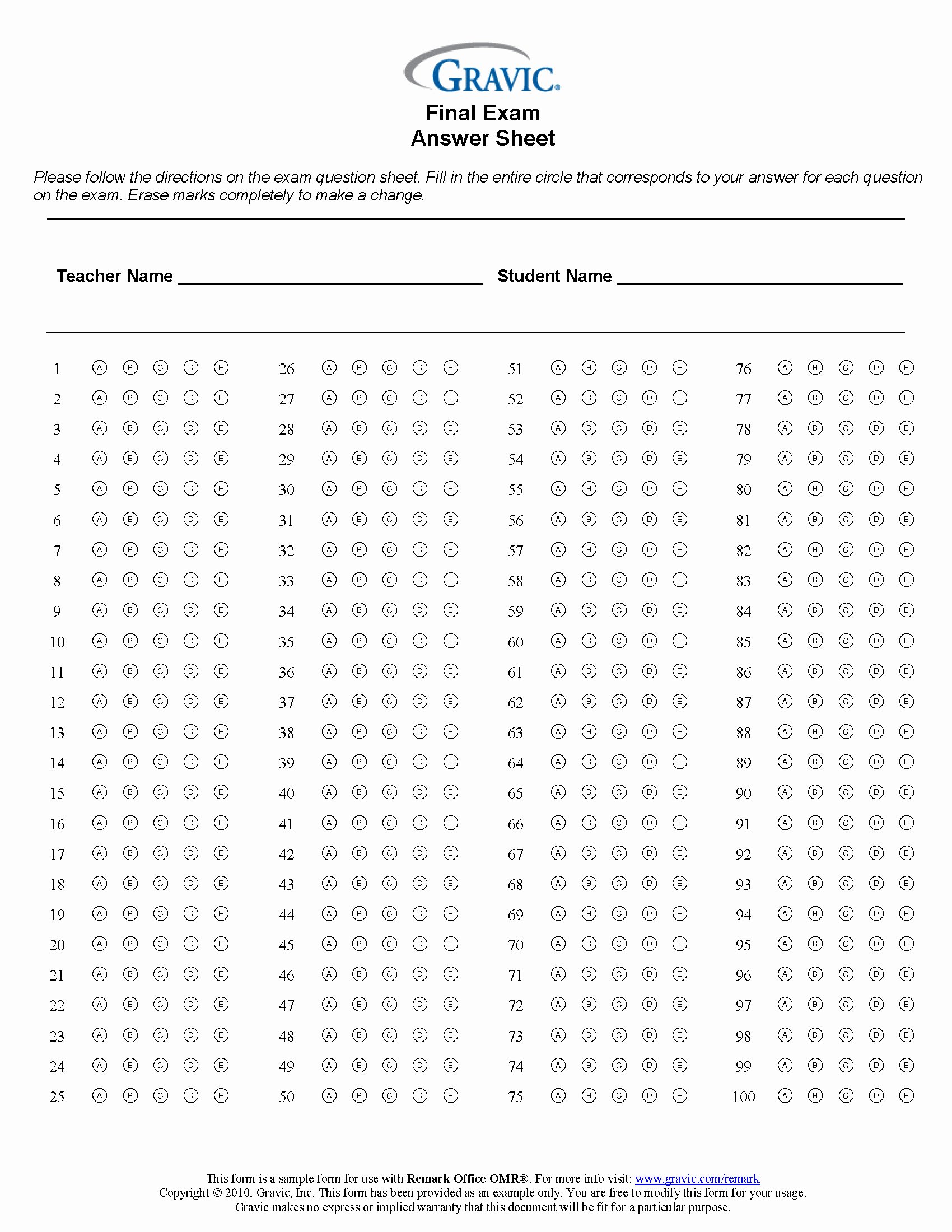 Answer Sheet Template 1-100 Luxury Final Exam 100 Question Test Answer Sheet · Remark software