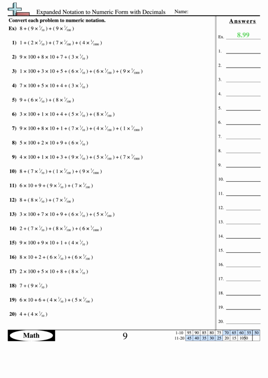 Answer Sheet Template 1-100 Unique Expanded Notation to Numeric form with Decimals Worksheet