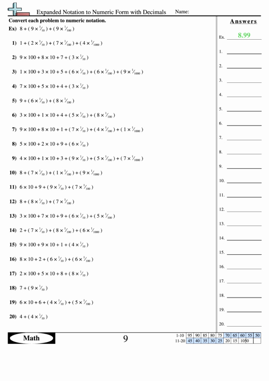 Answer Sheet Template 1-100 Unique Expanded Notation to Numeric form with Decimals Worksheet