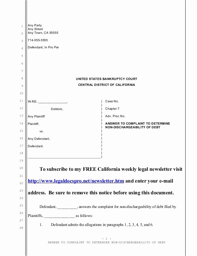 Answer to Civil Complaint Example New Sample Answer to Adversary Plaint for United States
