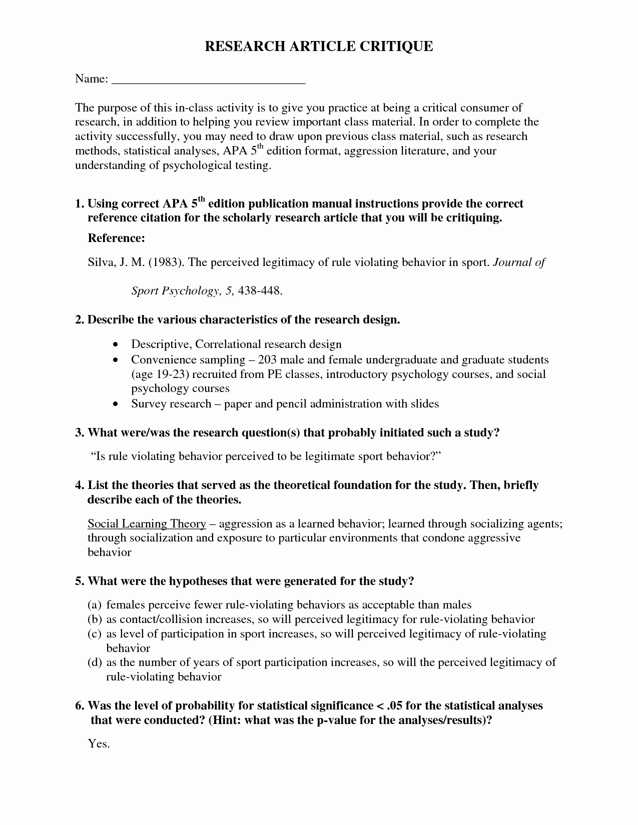 Apa Nursing Paper Examples Lovely Research Article Critique Template Apa Apa Article