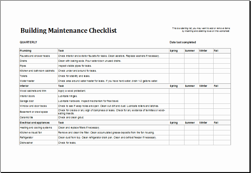 Apartment Maintenance Checklist Template Lovely 7 Facility Maintenance Checklist Templates Excel Templates