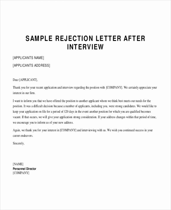 Application Rejection Letter Elegant Sample Applicant Rejection Letter 6 Documents In Pdf Word