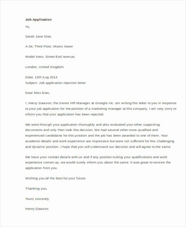 Application Rejection Letter Lovely 11 Sample Job Rejection Letters