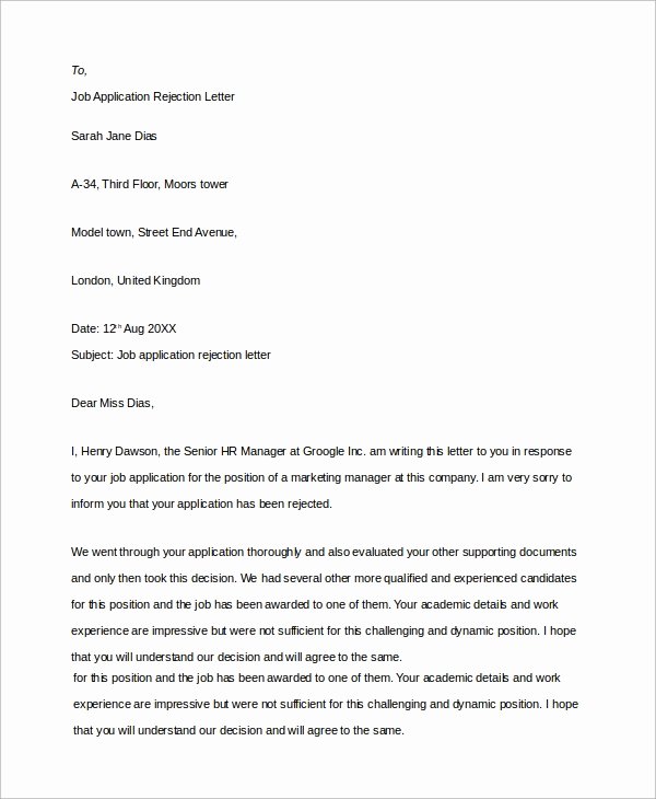 Application Rejection Letter Luxury Sample Job Rejection Letter 8 Examples In Word Pdf