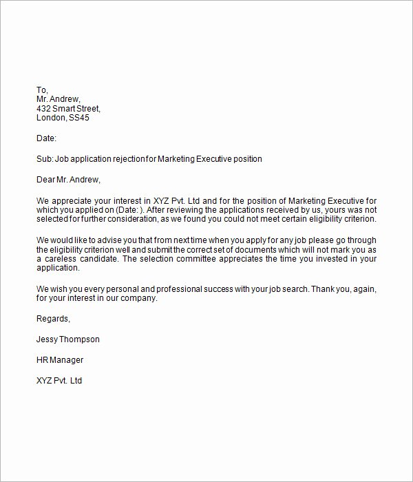 Application Rejection Letter New Job Rejection Letter 6 Free Doc Download