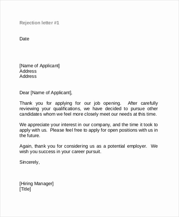 Application Rejection Letter Unique 9 Rejection Thank You Letter Free Sample Example