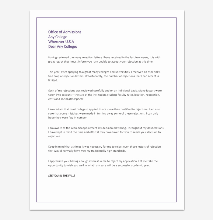 Application Rejection Letter Unique College Rejection Letter Template Samples &amp; Examples