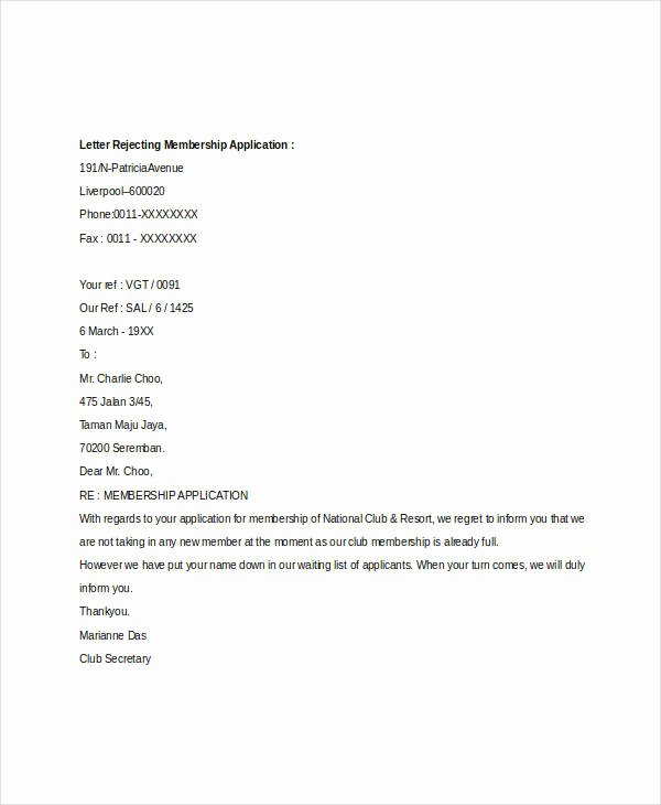 Application Rejection Letter Unique Membership Application Letters 4 Free Word Pdf