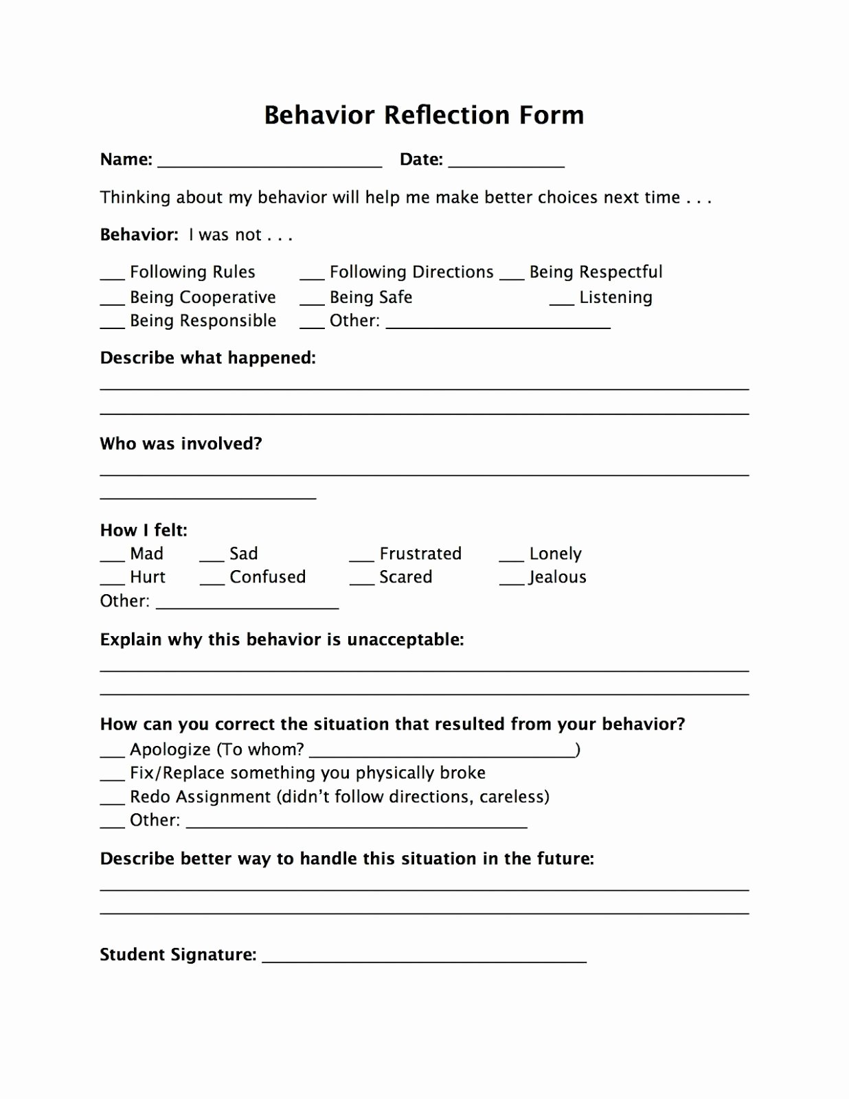 Appropriate Classroom Behavior Essay Unique Behavior Reflection form Schule