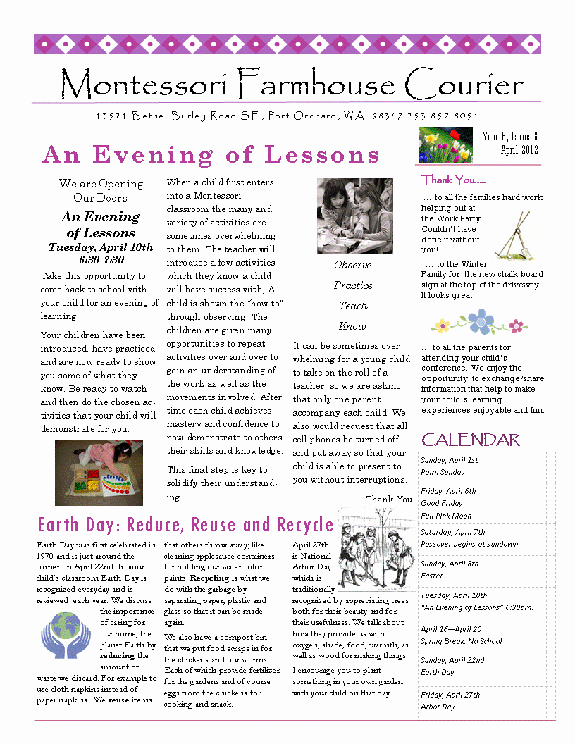 April Newsletter Template Unique Montessori Farmhouse School April Newsletter