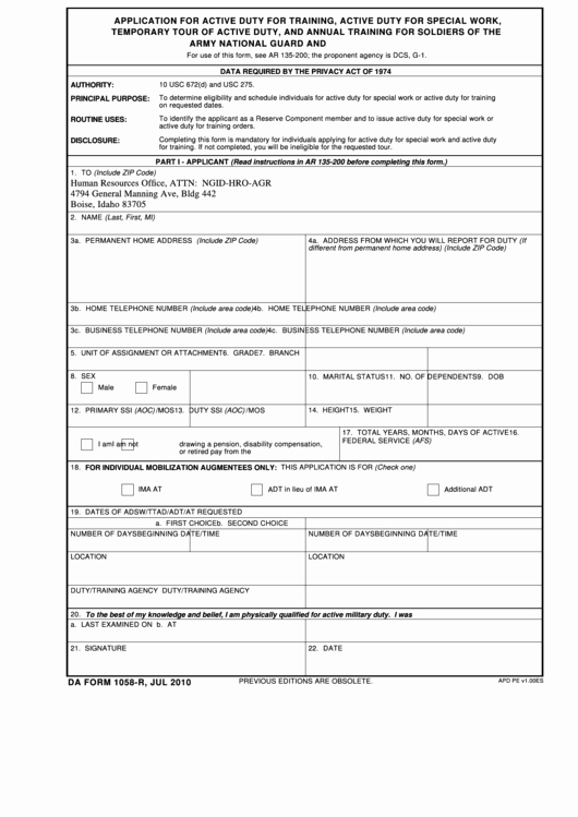 Army Training Schedule form Awesome Fillable Da form 1058 R Application for Active Duty for