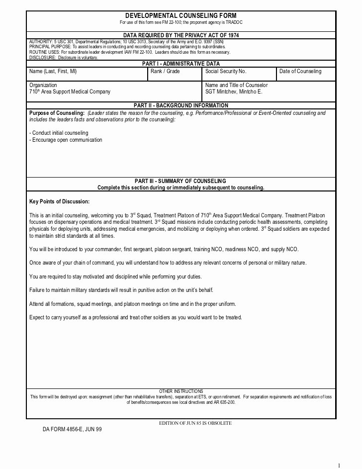 Army Training Schedule form Beautiful Initial Counseling Template Subordinate