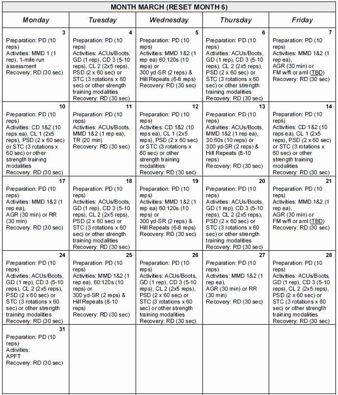 Army Training Schedule form Fresh Pt Calendar Excel Bing Images