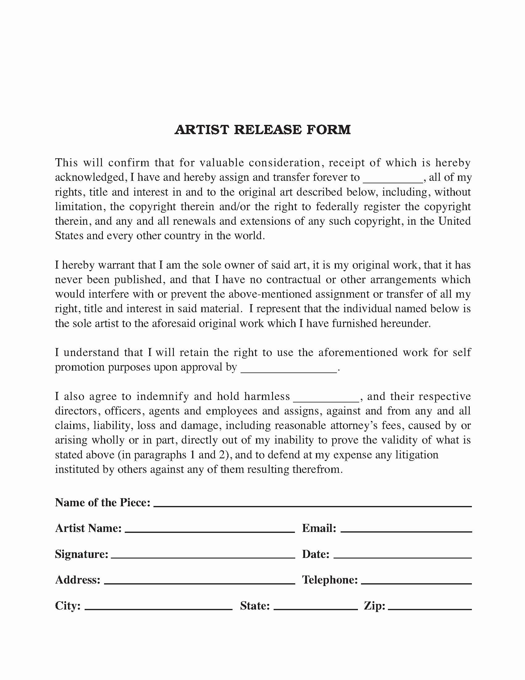 Artwork Release form Template Elegant Artist Artwork Release form Release forms Release forms