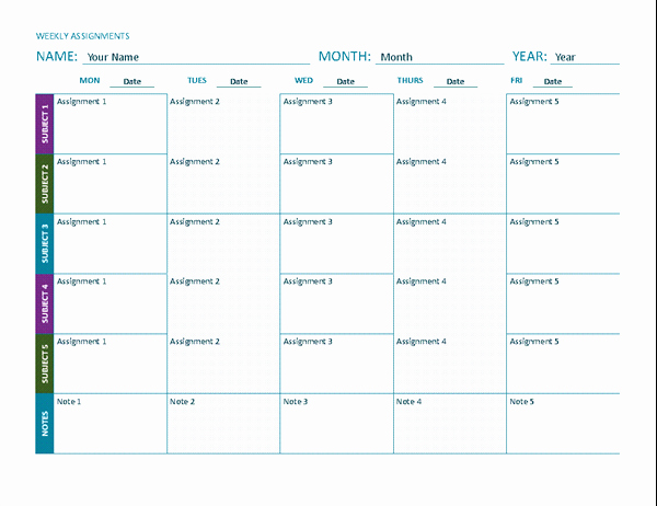 Assignment Sheet Template Best Of Weekly assignment Sheet Color Landscape