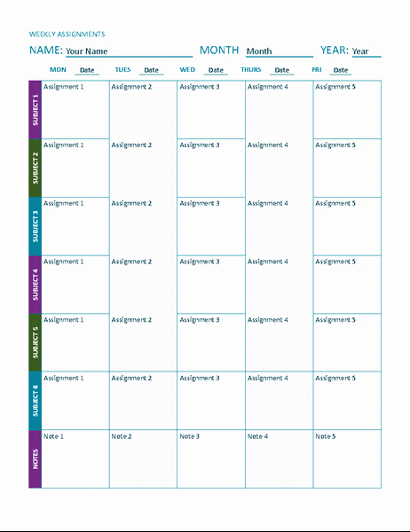 Assignment Sheet Template Best Of Weekly assignment Sheet Color