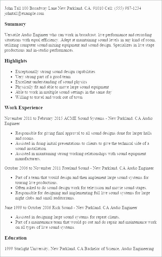 Audio Engineer Resume Sample Beautiful Discreetliasons