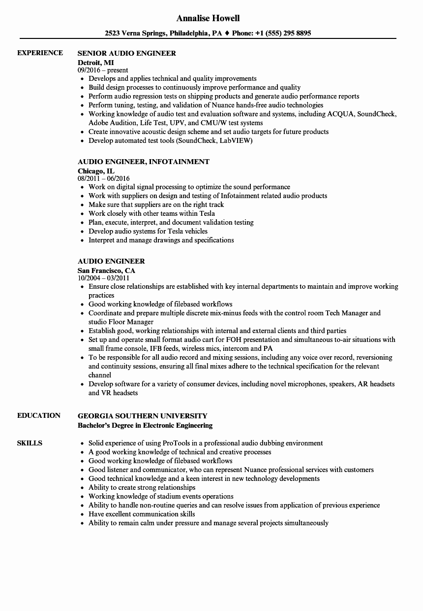 Audio Engineer Resume Sample Best Of Audio Engineer Resume Samples