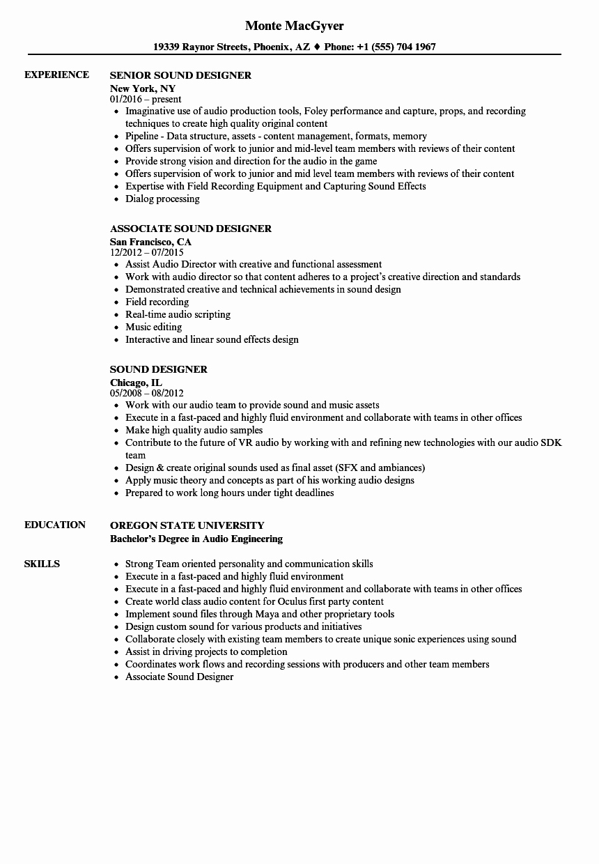 Audio Engineer Resume Sample Best Of sound Designer Resume Samples