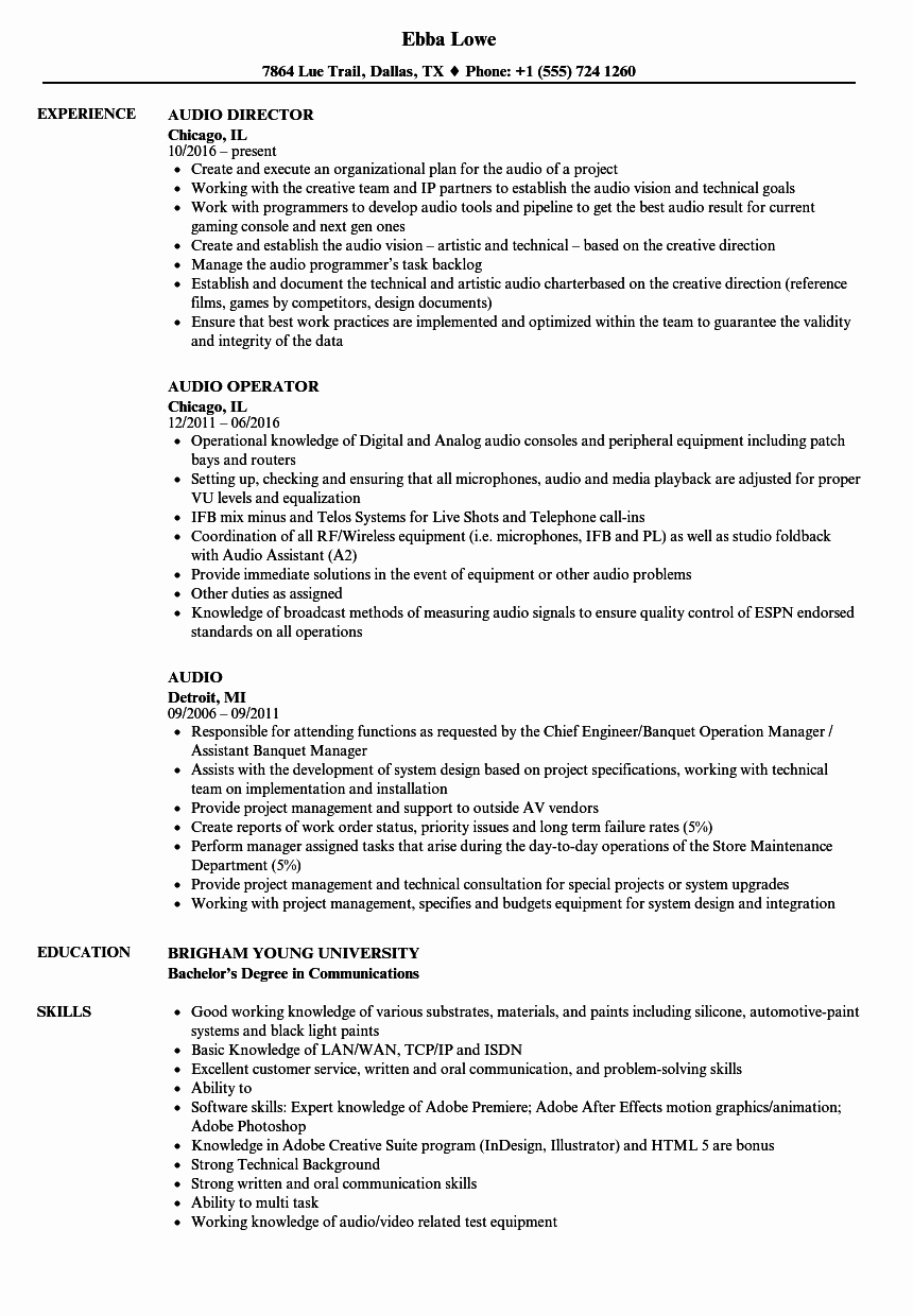 Audio Engineer Resume Sample Elegant Audio Resume Samples