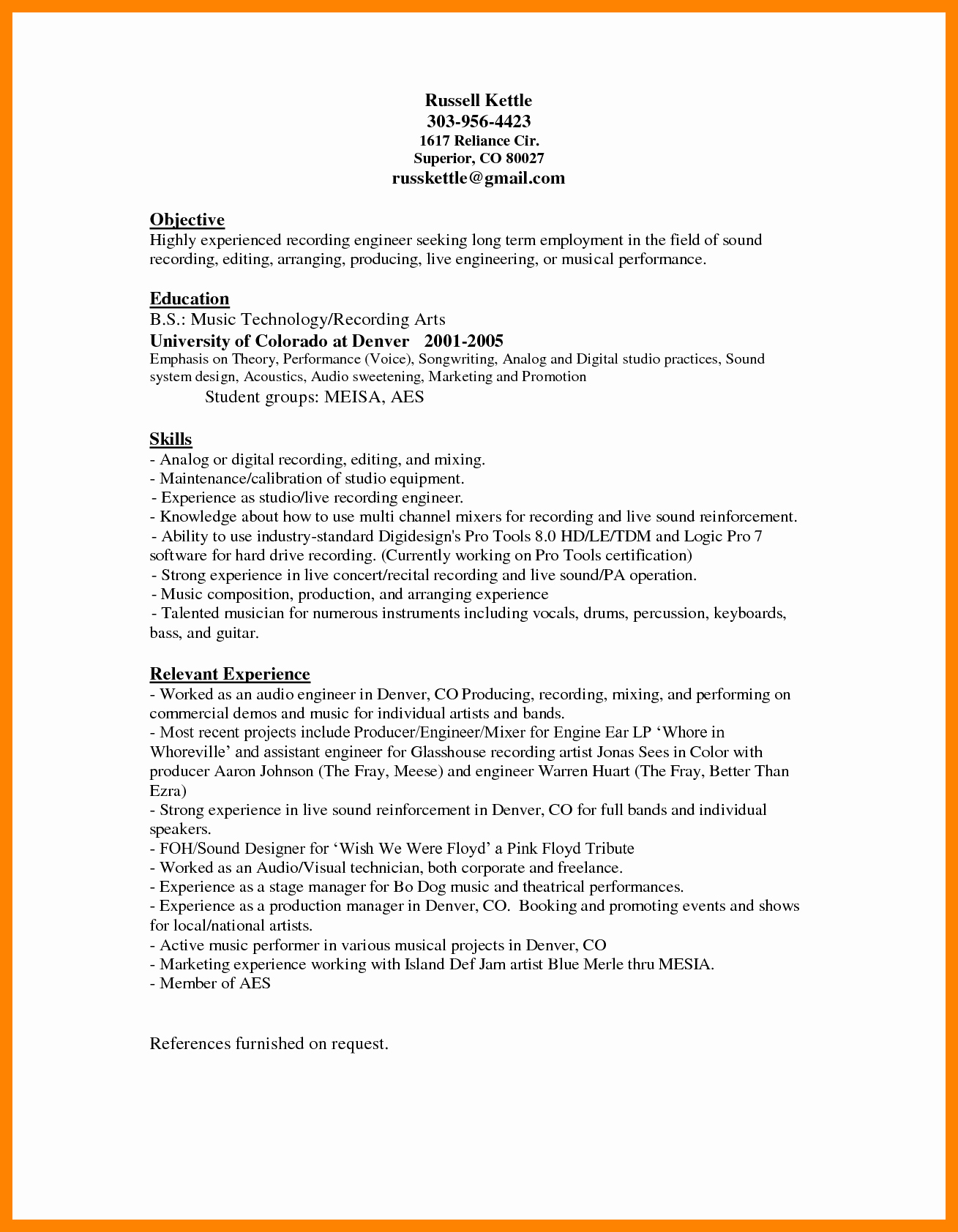 Audio Engineer Resume Sample Fresh 6 Music Producer Resume