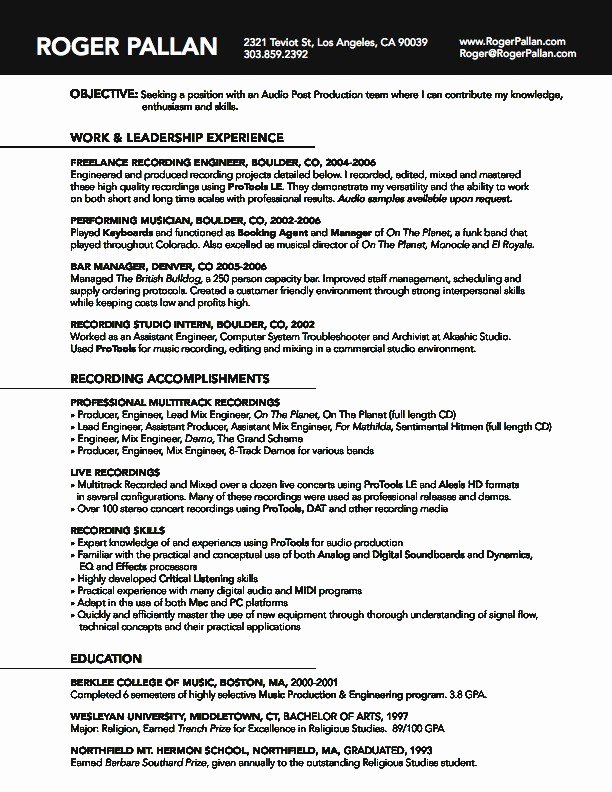 Audio Engineer Resume Sample New Music Recording Engineer Sample Resume